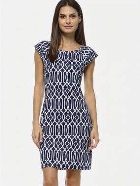 Jean-Pierre Klifa Paris Lily Sheath Dress Celtic Navy White Geometric Resort S